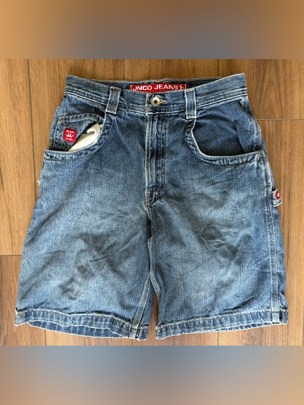 JNCO Y2K 90s Baggy Skater Jean Shorts Embroidered Crown Youth Size 14 26X10